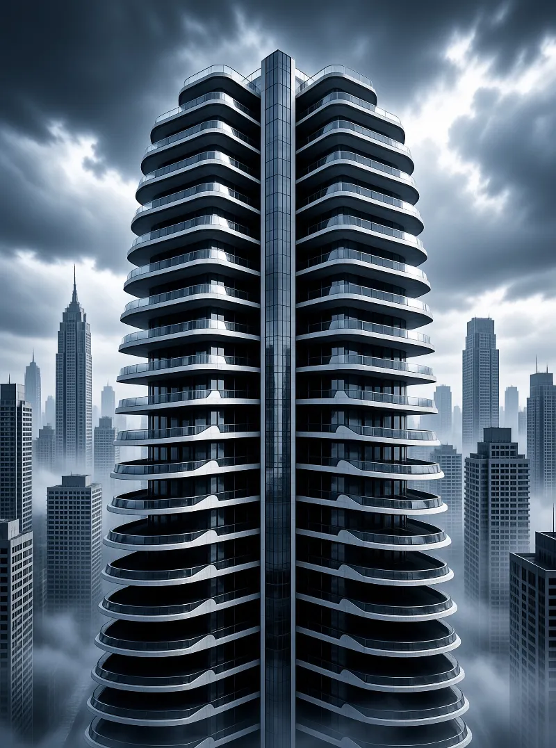 This high-rise building displays tiered balconies under dramatic clouds while city towers fade into mist below.