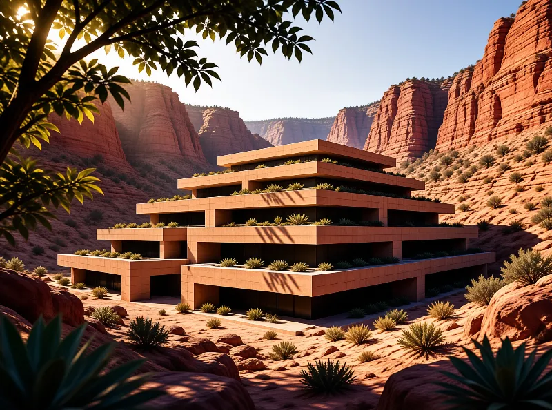 A stepped modern building with planted terraces rises among red canyon walls and desert agave in warm sunlight.