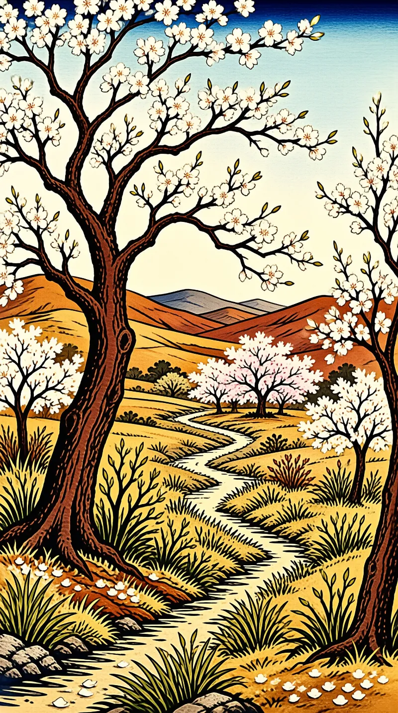 Stylized artwork shows cherry blossom trees lining a pale winding stream across warm yellow grassy hills, with reddish low mountains far away.