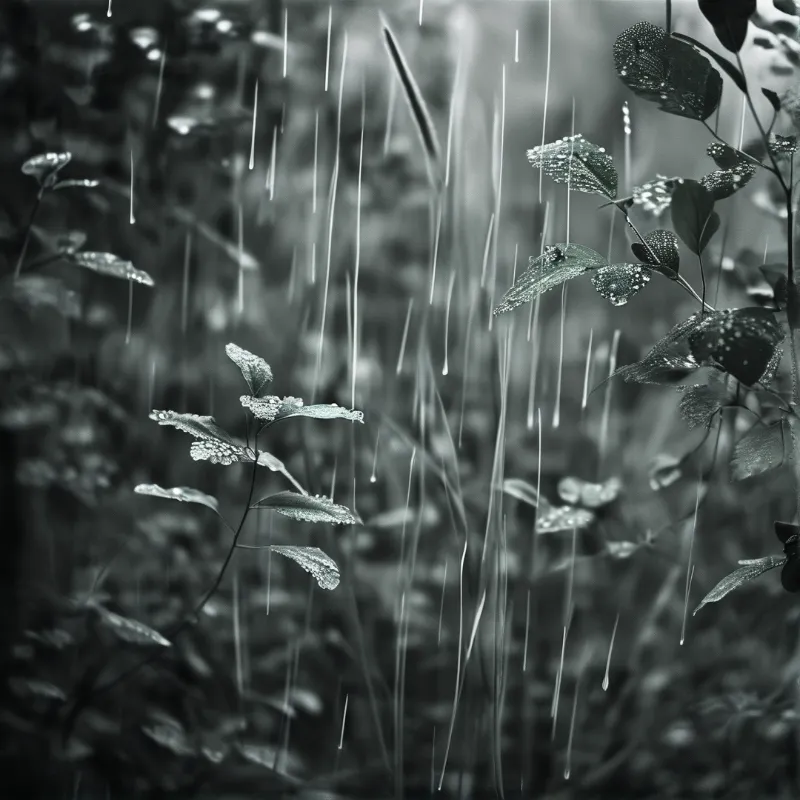 Monochromatic view of rain streaks falling onto wet leaves with droplets in a blurred natural setting.