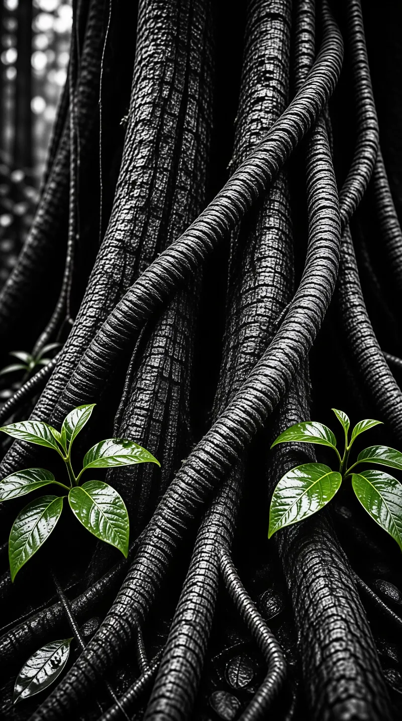 Dark textured roots hang vertically while bright green sprouts emerge from their sides in high contrast lighting.