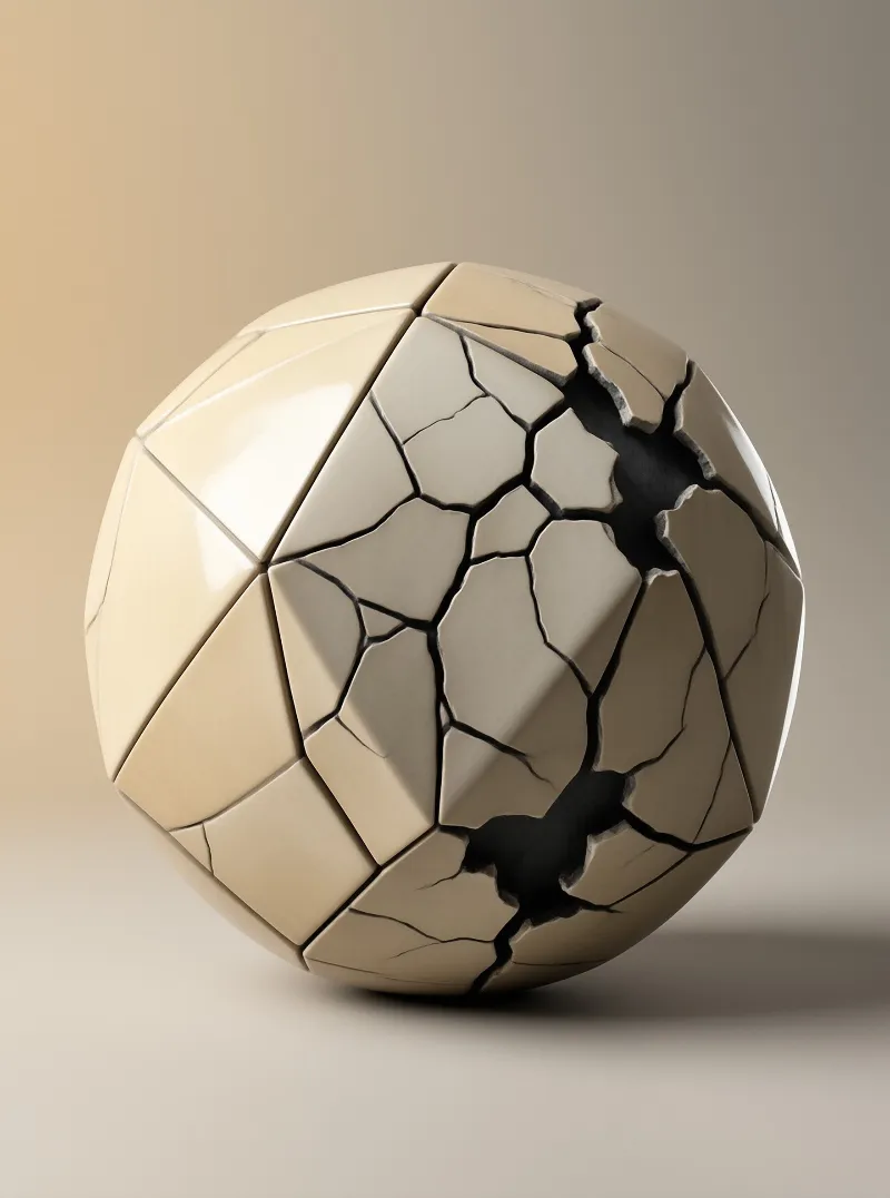 A faceted beige egg-shaped object rests on a neutral plane, shell marked by dark cracks while light highlights facets.