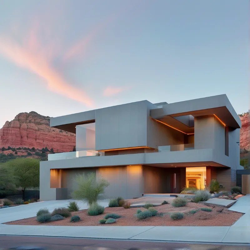 A cantilevered concrete villa glows with warm interior light against red sandstone cliffs at blue hour.