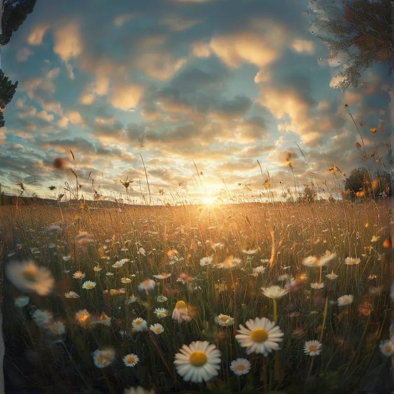 White daisies and tall grasses glow against a cloudy sky as the sun sets over a distant horizon.