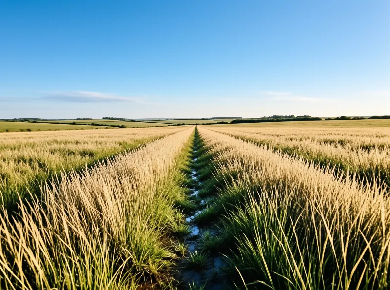 Straight irrigation ditch divides a ripe wheat harvest beneath clear blue skies.