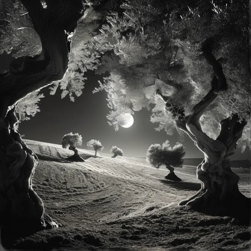 Large twisted trees frame a view of rolling hills and a bright full moon in a monochrome night landscape.