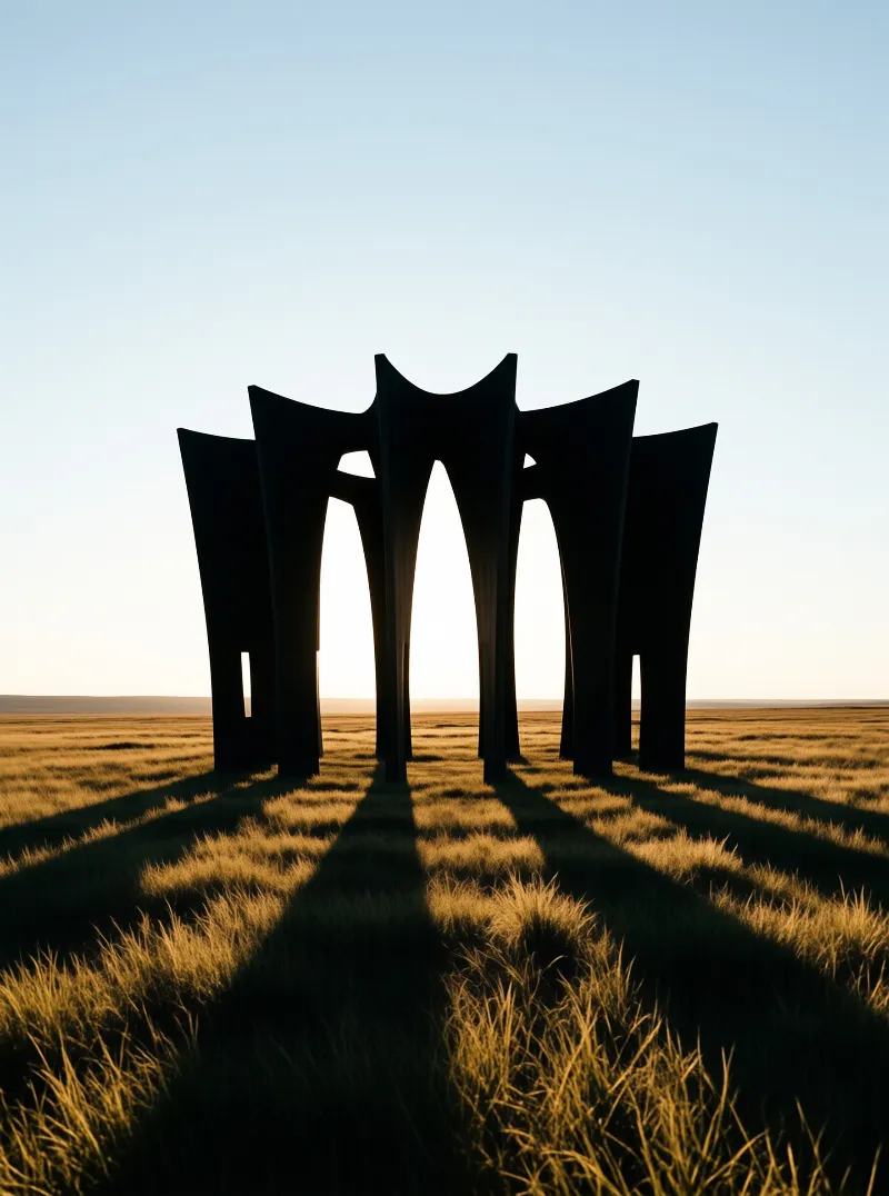 Curved black blades rise from a grassy field and cast long shadows toward a bright low sun.