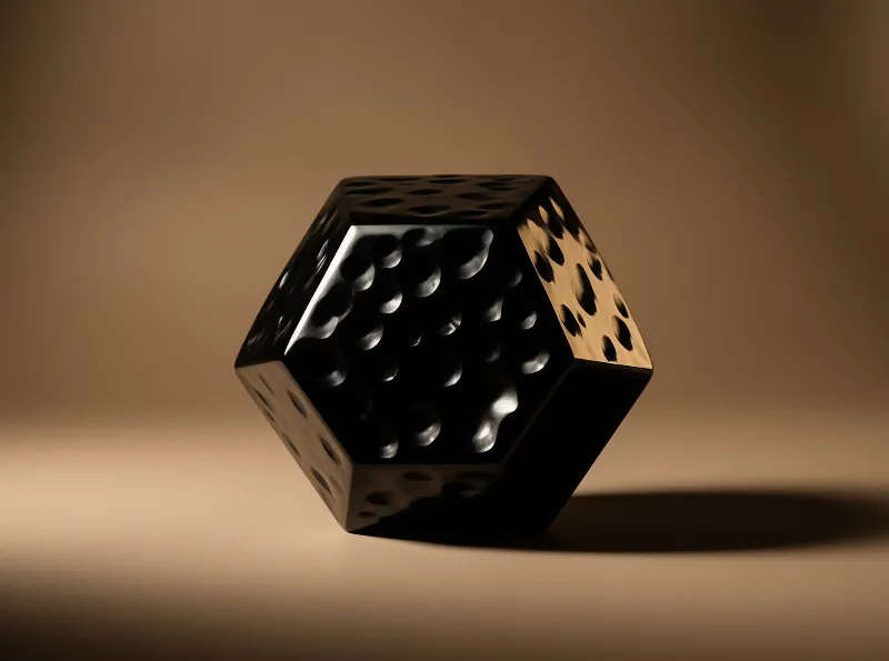 A glossy black die with pitted dots sits on a smooth brown surface under dramatic side lighting.