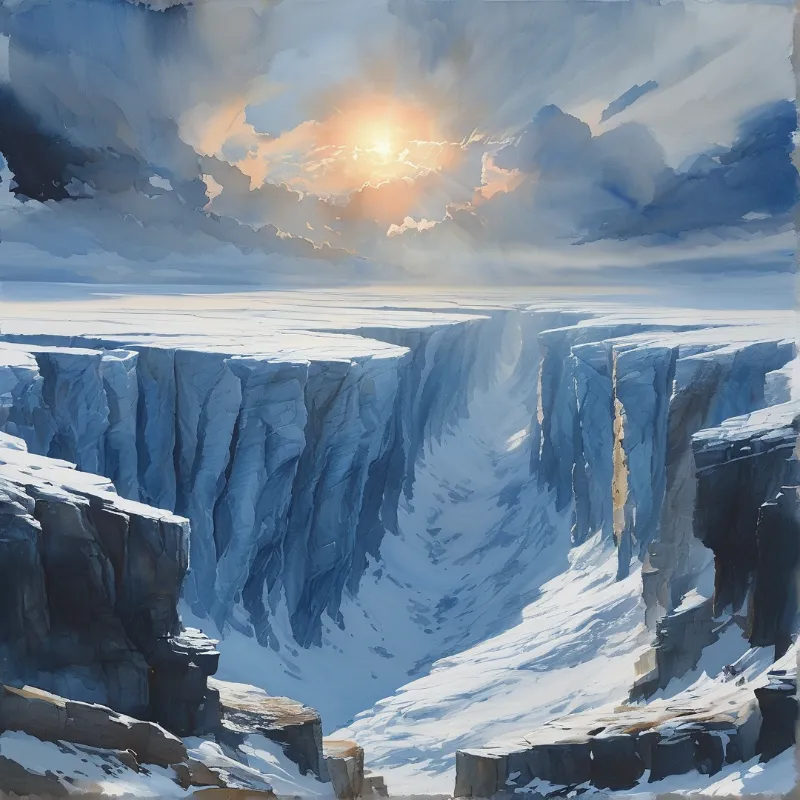 Sheer walls of blue ice fold into a wide crevasse as pale sunlight bursts through a bank of drifting cloud.