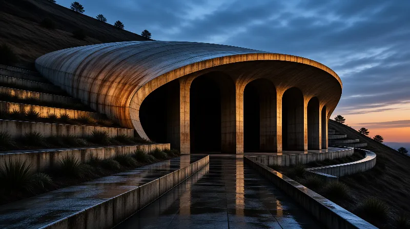 A large curved concrete building with arches sits on a wet hillside at dusk under a cloudy sky.