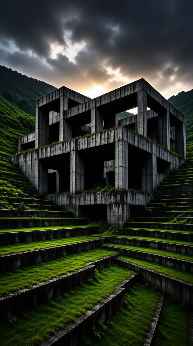 An open cubic framework of raw concrete rises above grassy stepped terraces beneath a heavy storm lit sky.