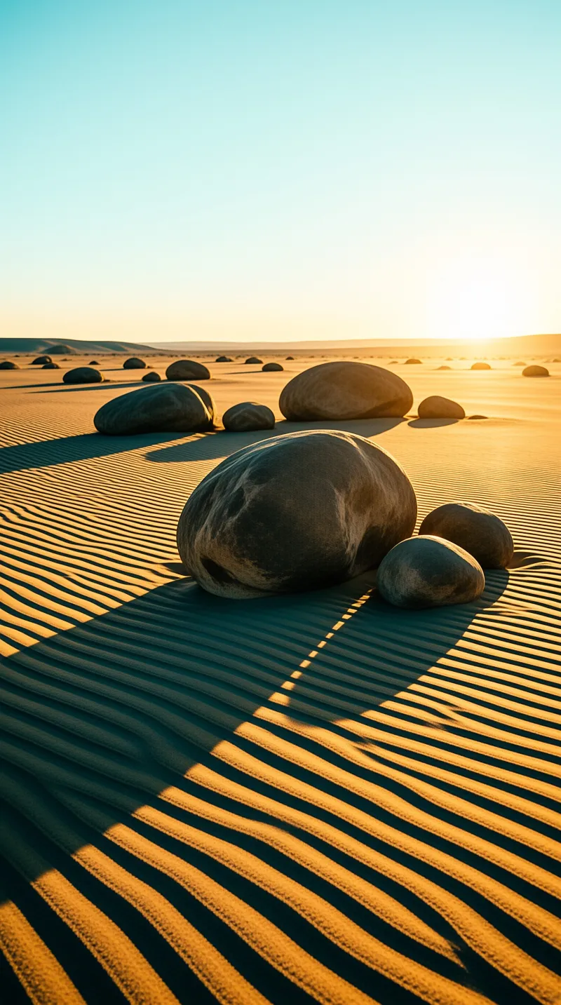 Rounded stones sit scattered across wind carved dunes while low angle light casts long dark shadows across the foreground.