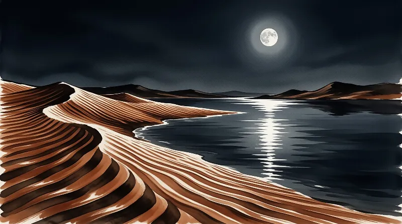 Artistic rendering of rippled orange dunes meeting dark water beneath a bright full moon reflection.