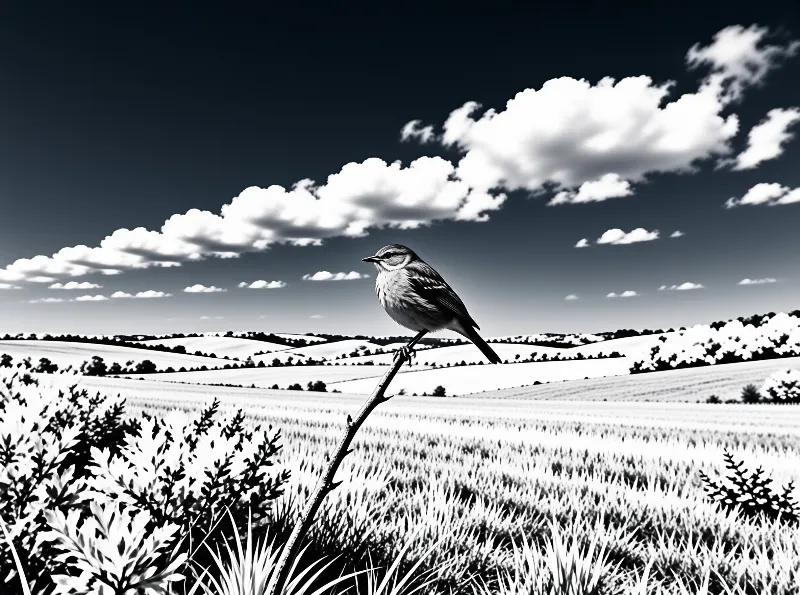 A small bird perches on a thin twig above a field in a stark black and white landscape with rolling hills and clouds.