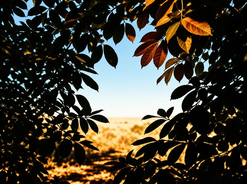 Dark foliage creates a natural frame around a sunlit golden field stretching towards a soft blue horizon.