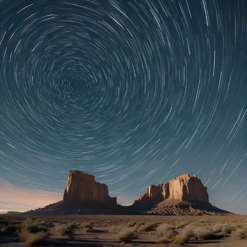 Concentric star trails rotate in the night sky above two large sandstone formations rising from a desert floor.