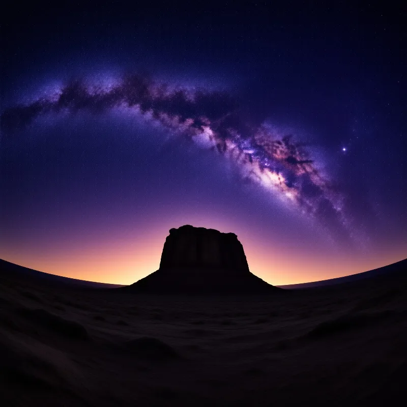 A dark desert butte stands against the vibrant purple Milky Way arching across a twilight sky.