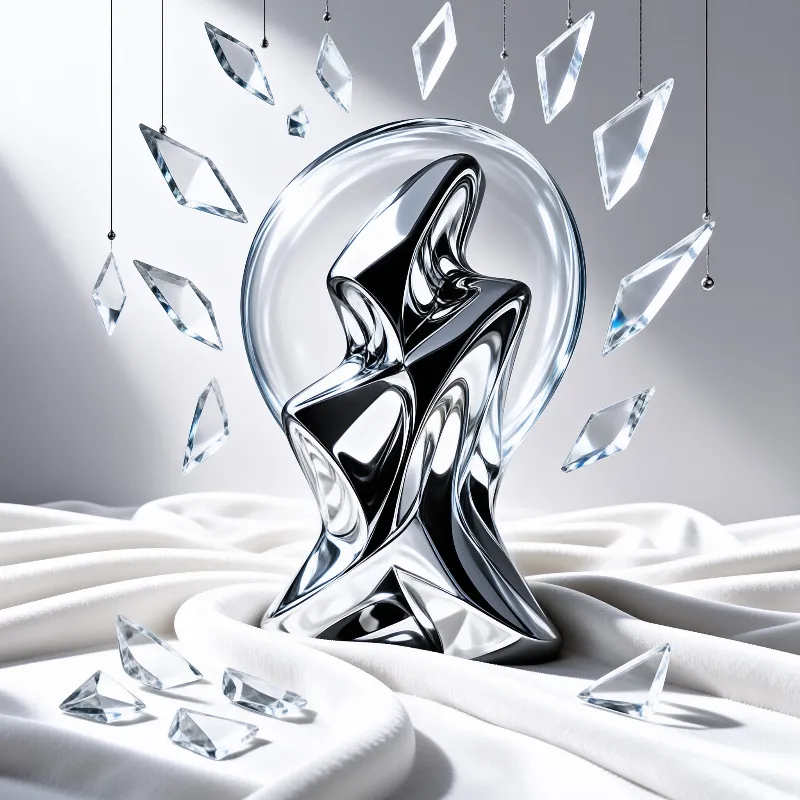 A polished metallic star sculpture sits inside a transparent sphere surrounded by suspended gemstones.