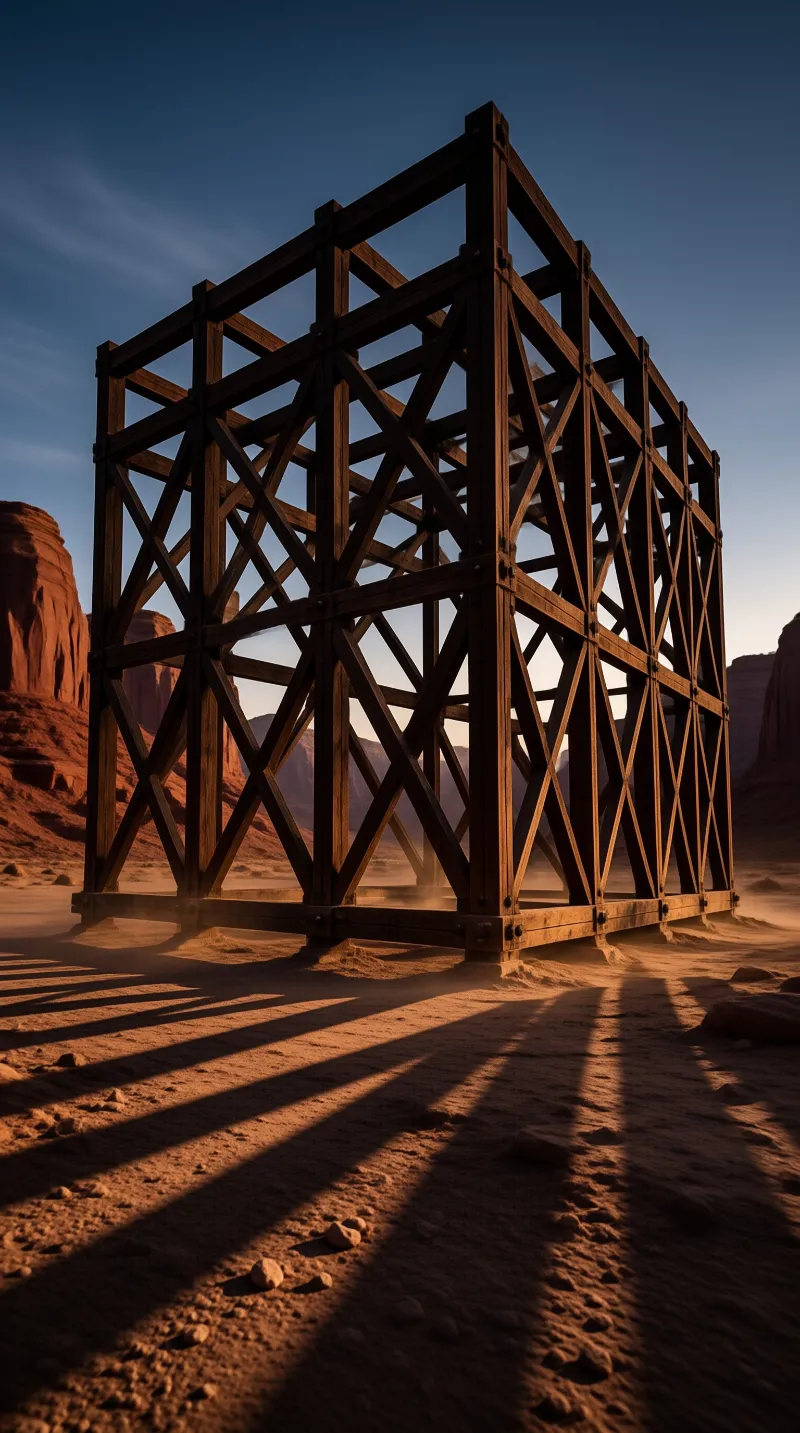 A massive wooden cube structure sits in a desert landscape casting long geometric shadows on the sand.