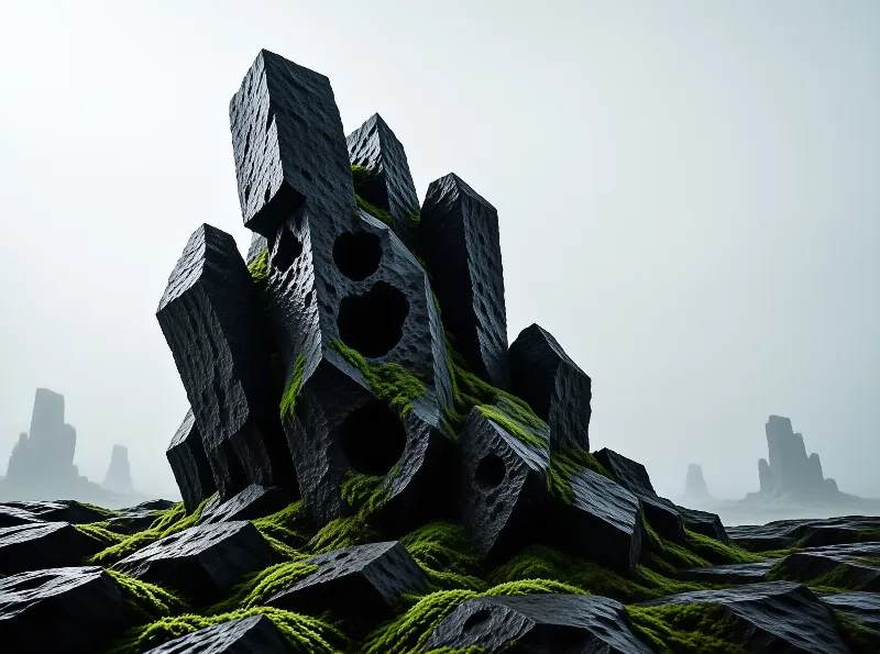 Mossy Rock Formations in Fog