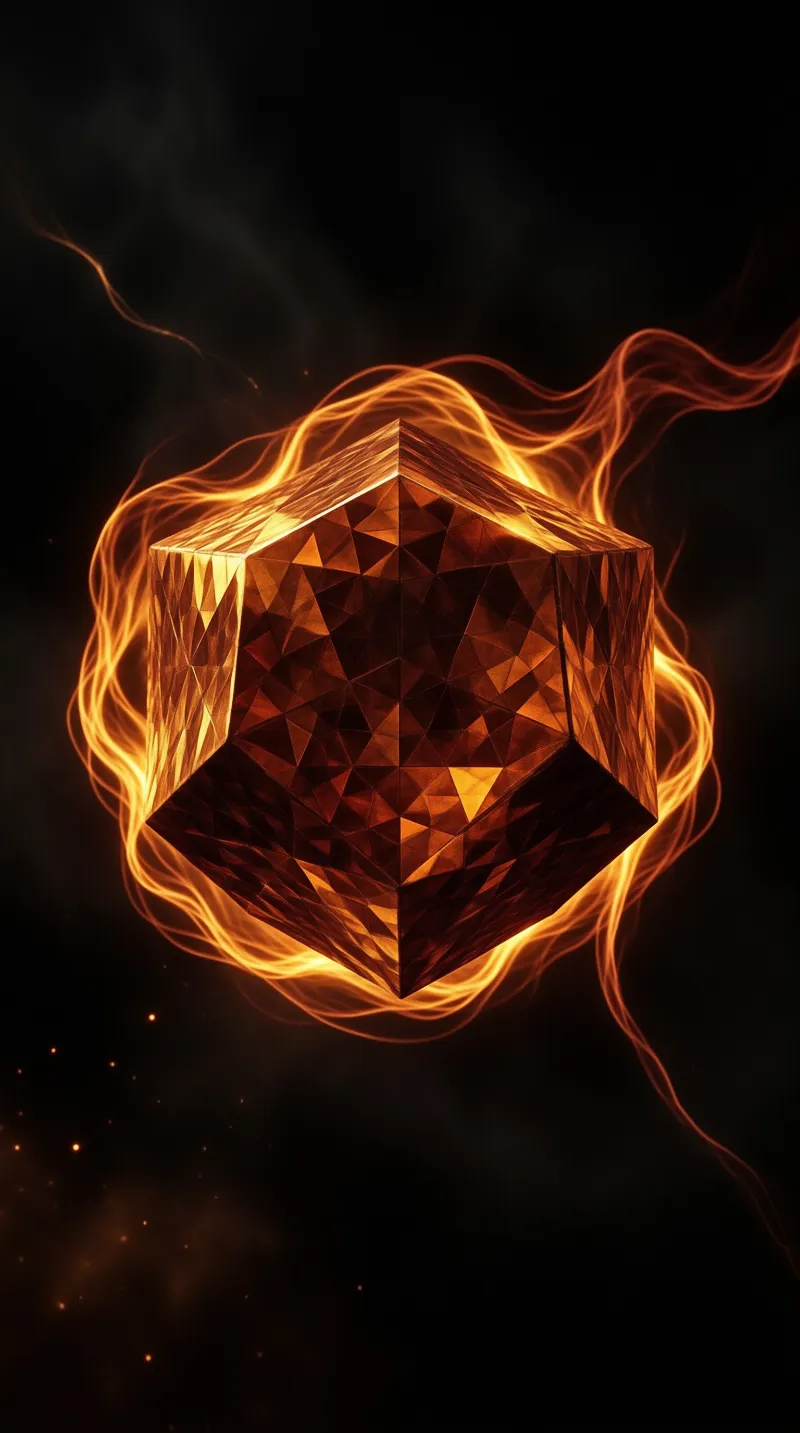 A low-poly geometric shape hovers in the darkness while bright orange fire surrounds its sharp edges and faceted surfaces.