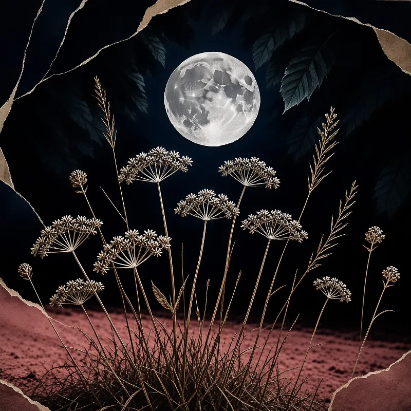 Dried wildflowers stand before a large full moon in a dark sky framed by torn paper edges.