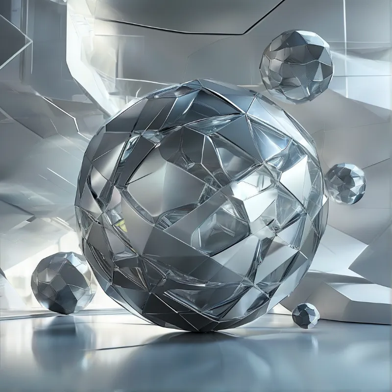 Several mirror finished polyhedra rest on a glossy floor inside a bright angular space, each face catching cold daylight.