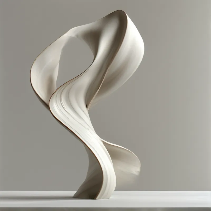 A tall white porcelain form twists upward like folded fabric, casting soft grey shadows against a plain studio backdrop.