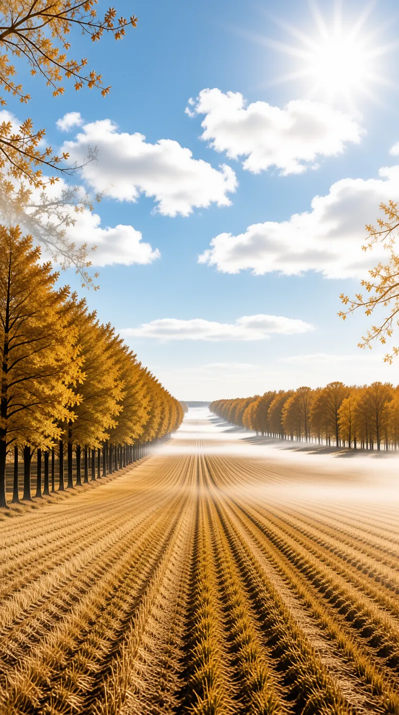 Golden wheat rows extend through a misty countryside path lined with autumn trees under a sunlit blue sky.