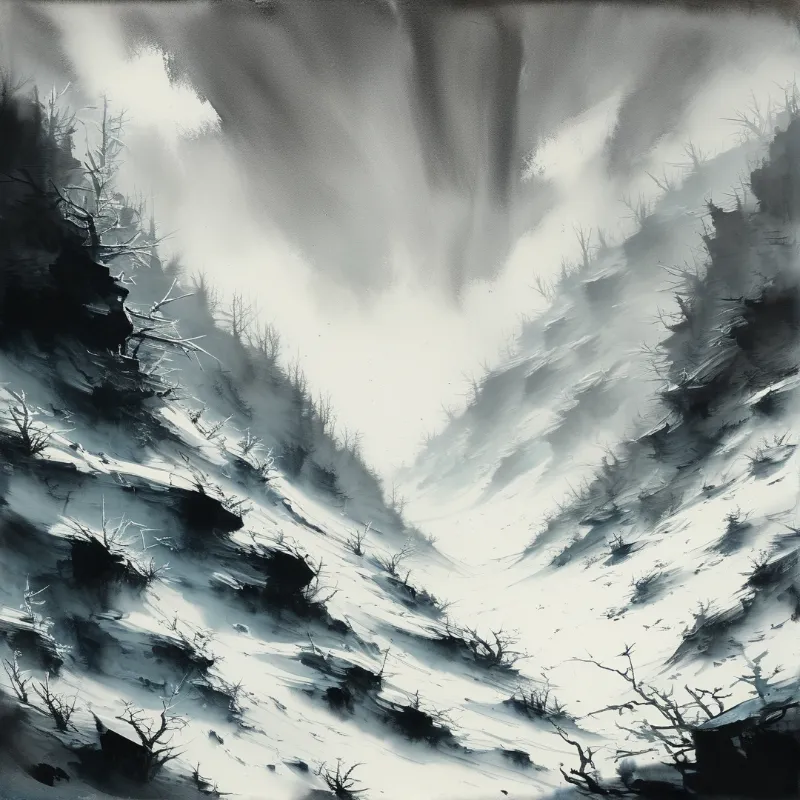 Monochromatic artwork of a snowy valley with dark rocky sides and bright white fog swirling through the center gap.