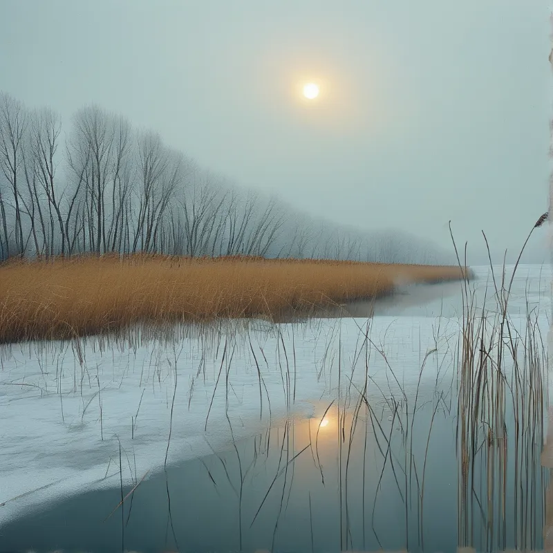 Tall brown reeds stand at the edge of a frozen lake reflecting a low sun in the misty sky.