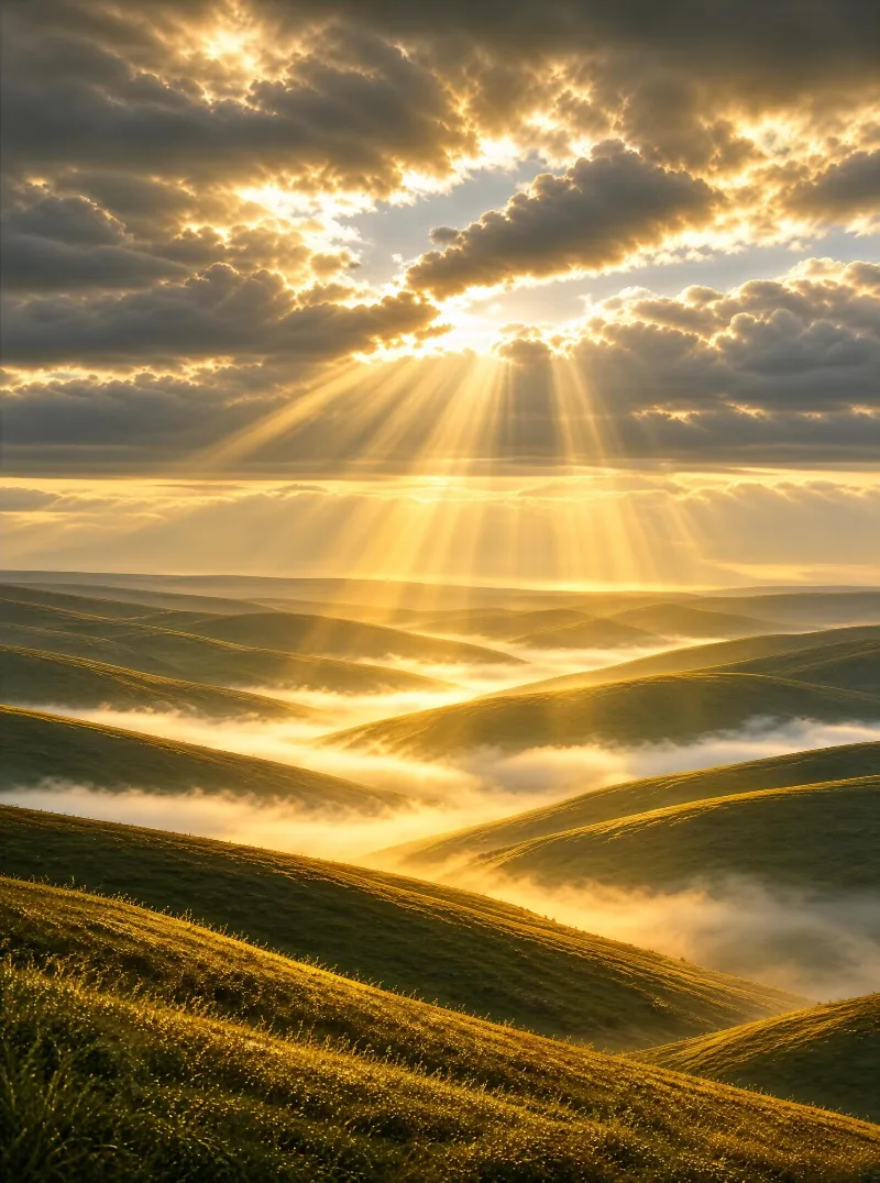 Golden Sunbeams Over Hills