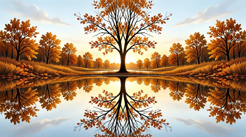 A large oak tree with orange leaves stands on the far shore and casts a perfect reflection in a still lake at sunset.