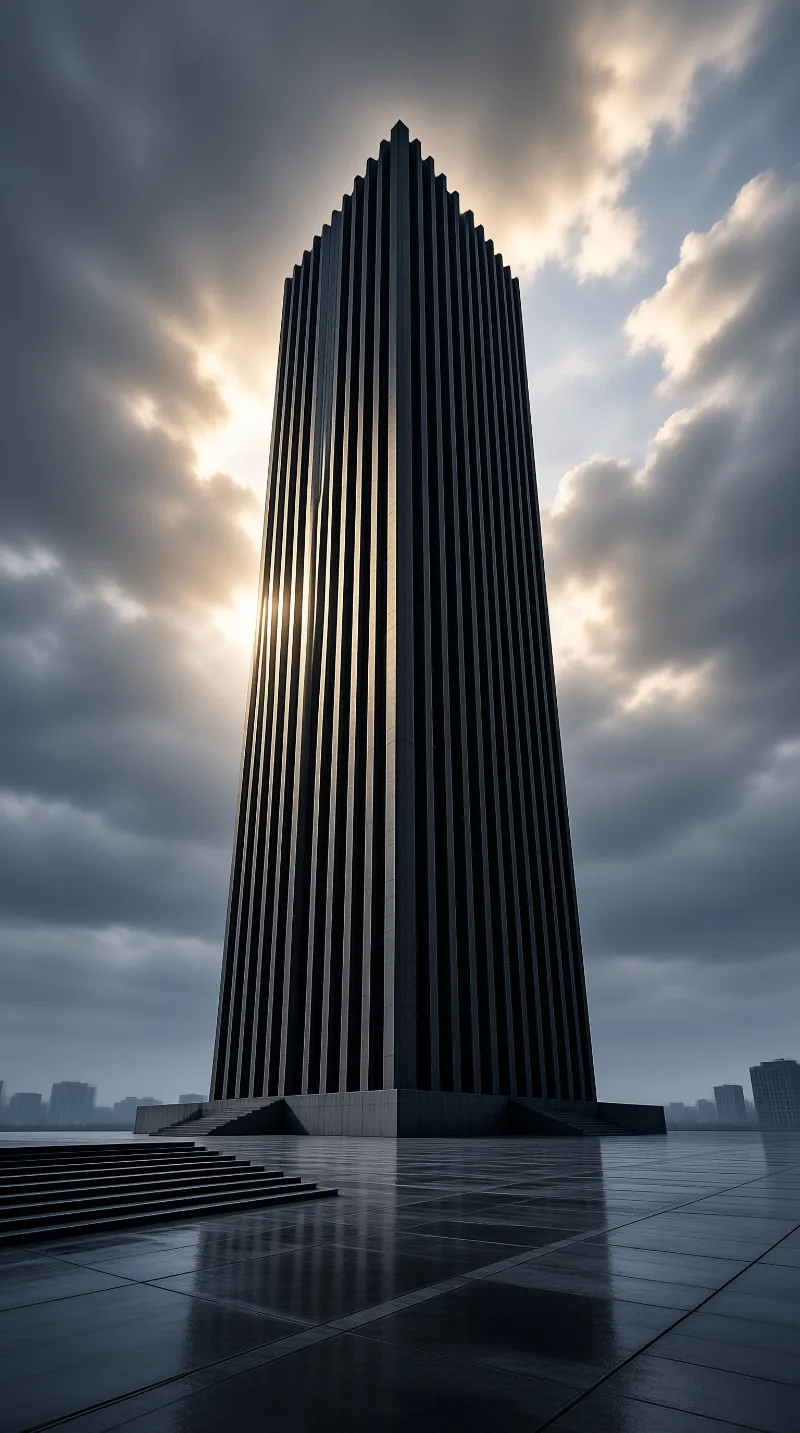 A tall fluted skyscraper stands on a wet paved plaza while sunlight breaks through heavy clouds.