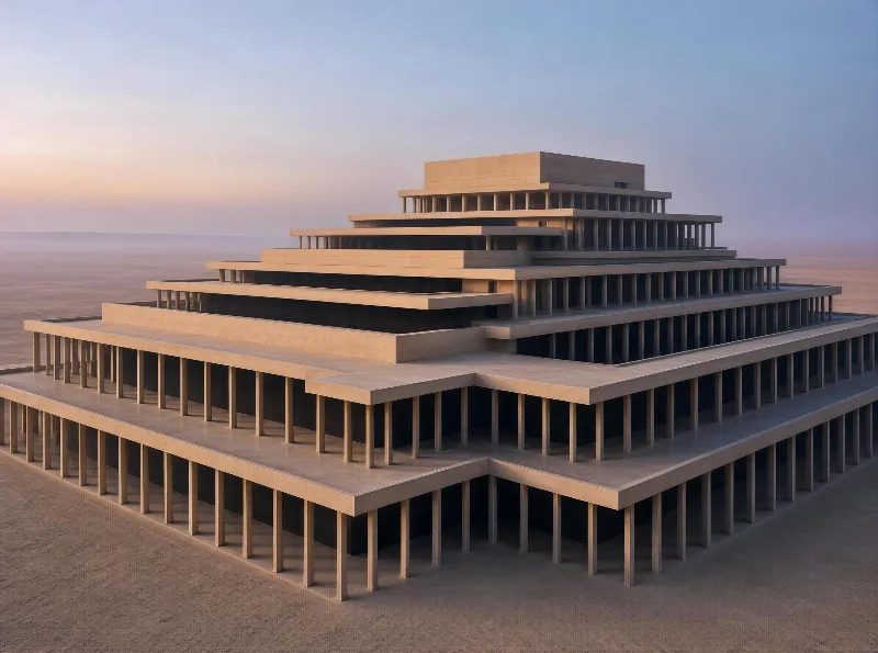 A stepped concrete ziggurat with long colonnades rises from a desert plain under a peach and blue twilight sky.