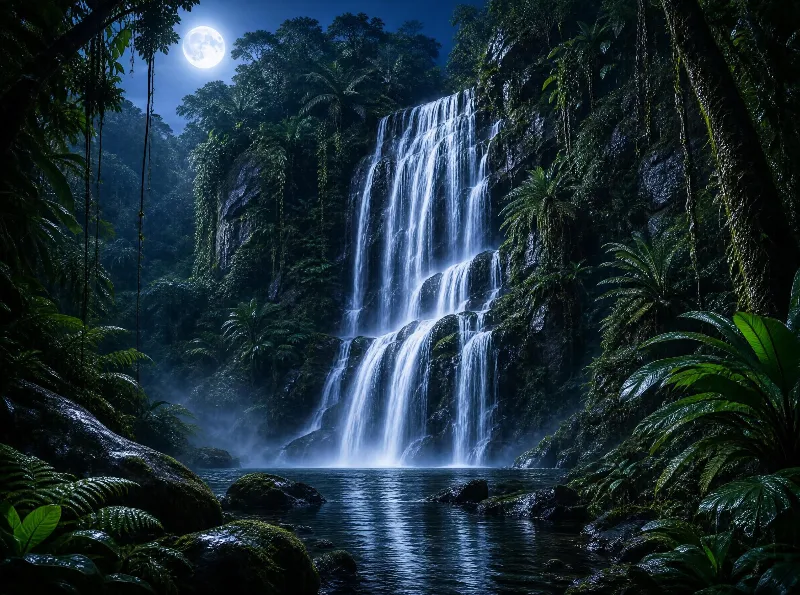 Moonlit Waterfall in Jungle