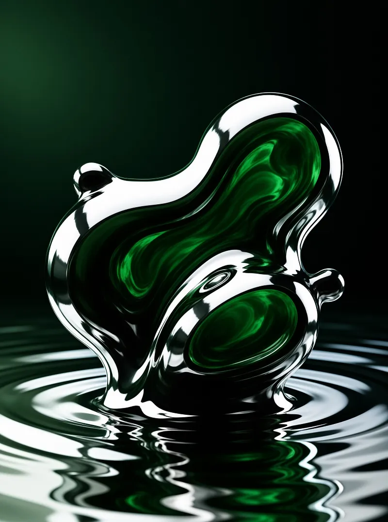 A shiny green and silver abstract shape hovers above a rippled dark water surface with strong reflections.