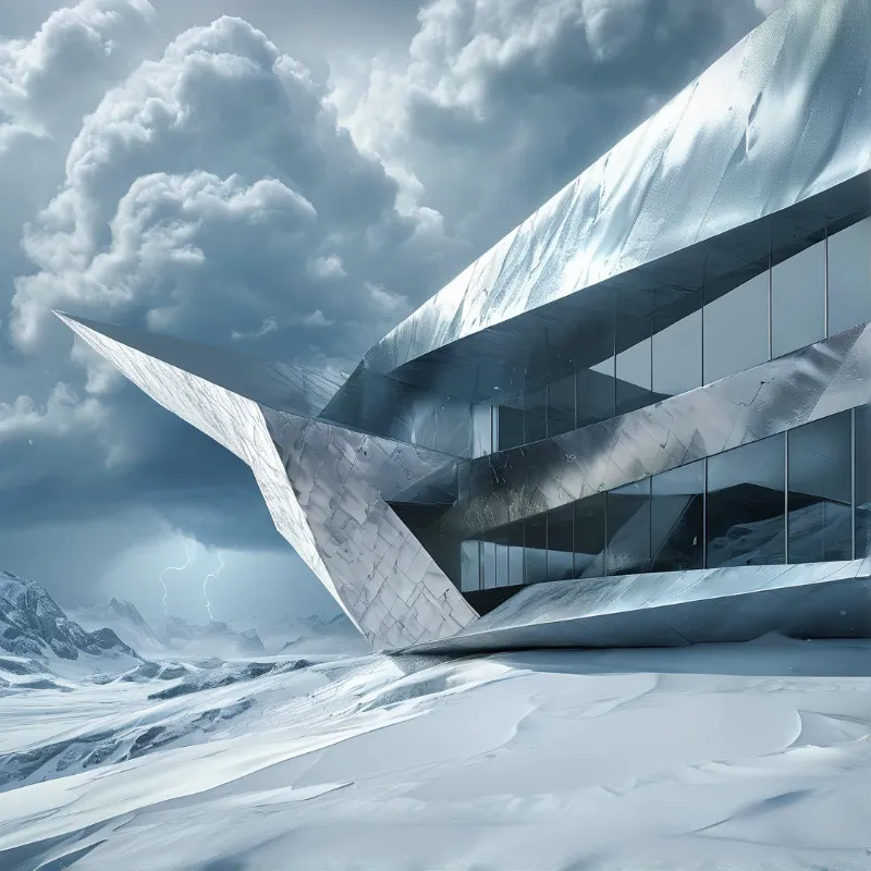 Futuristic angular structure with mirrored glass and pale stone stands over snowy terrain beneath storm clouds and lightning
