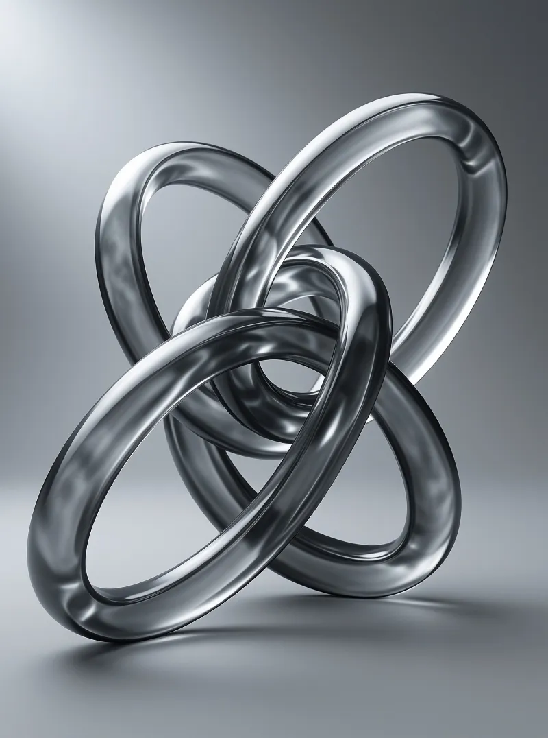 A glossy silver tube twists into a complex knot shape floating above a smooth grey ground.