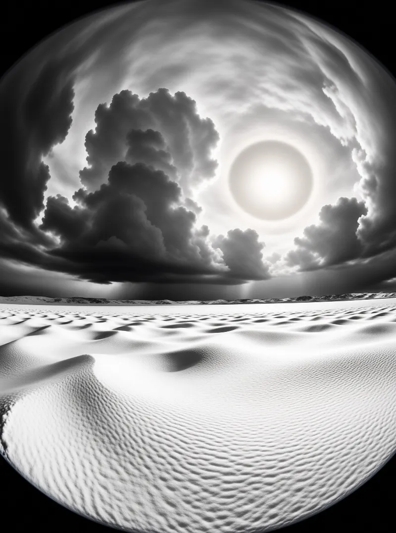 Monochrome landscape of rippled terrain leading to a horizon where heavy clouds encircle a brilliant solar disk.