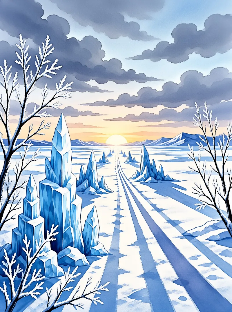 Giant blue ice formations flank a snow-covered road stretching toward a low sun and distant mountain range.