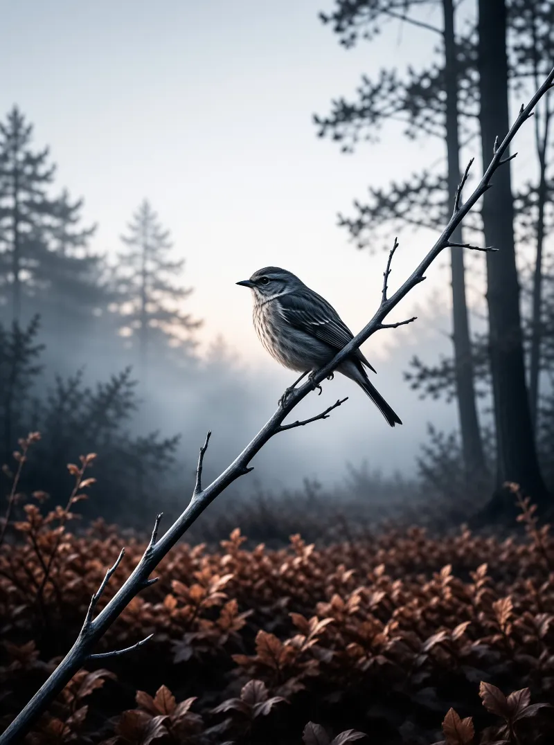 A streaked songbird grips a diagonal twig above rust colored undergrowth with pine trunks fading into fog