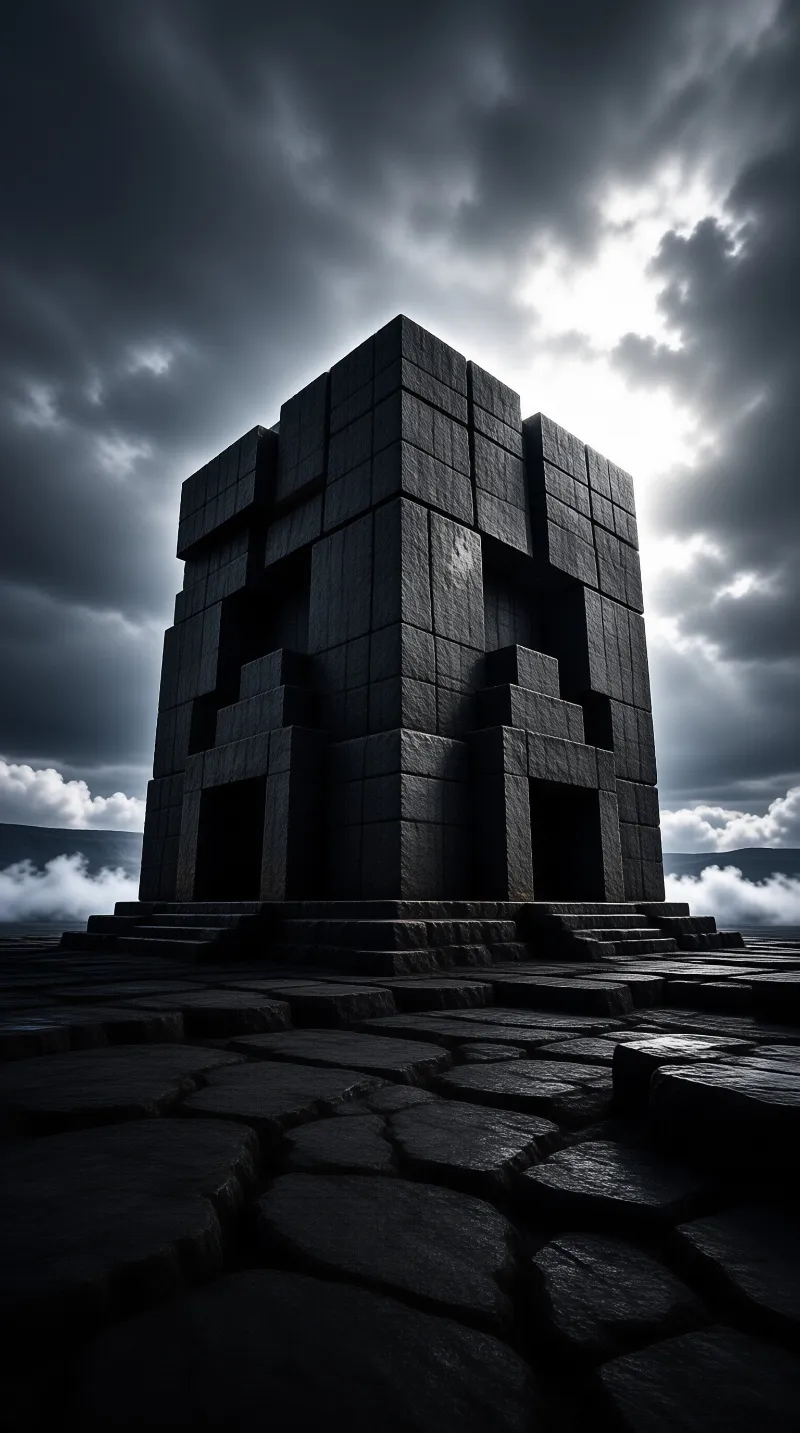 A windowless tower of rough black blocks rises from cracked basalt paving beneath a bright storm torn sky
