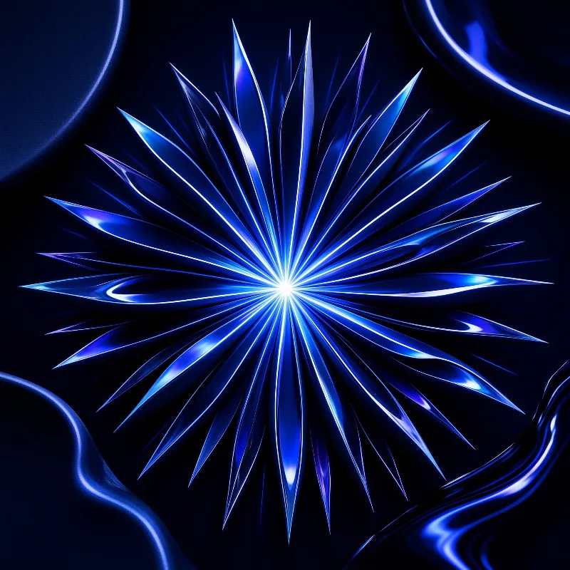 A central explosion of sharp blue glass-like spikes radiates outward against a background of dark swirling liquid forms.