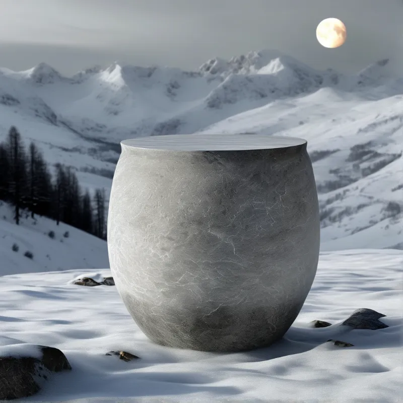A massive gray urn with hairline veins sits on wind-shaped snow beneath alpine peaks and a low winter moon