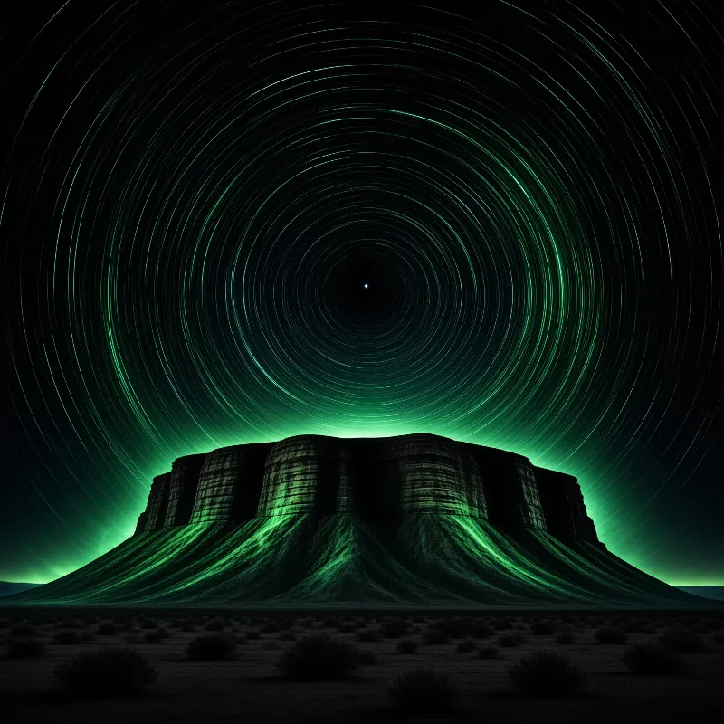 Green star trails spin in wide arcs above a flat-topped rock butte as aurora light washes its slopes over dark desert scrub.
