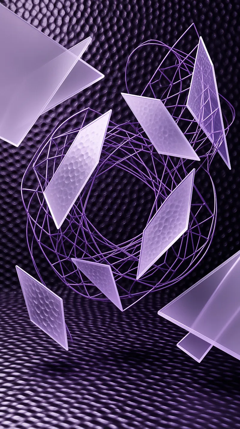 A collection of translucent purple diamond shapes float around a complex wireframe sphere against a textured dark background.