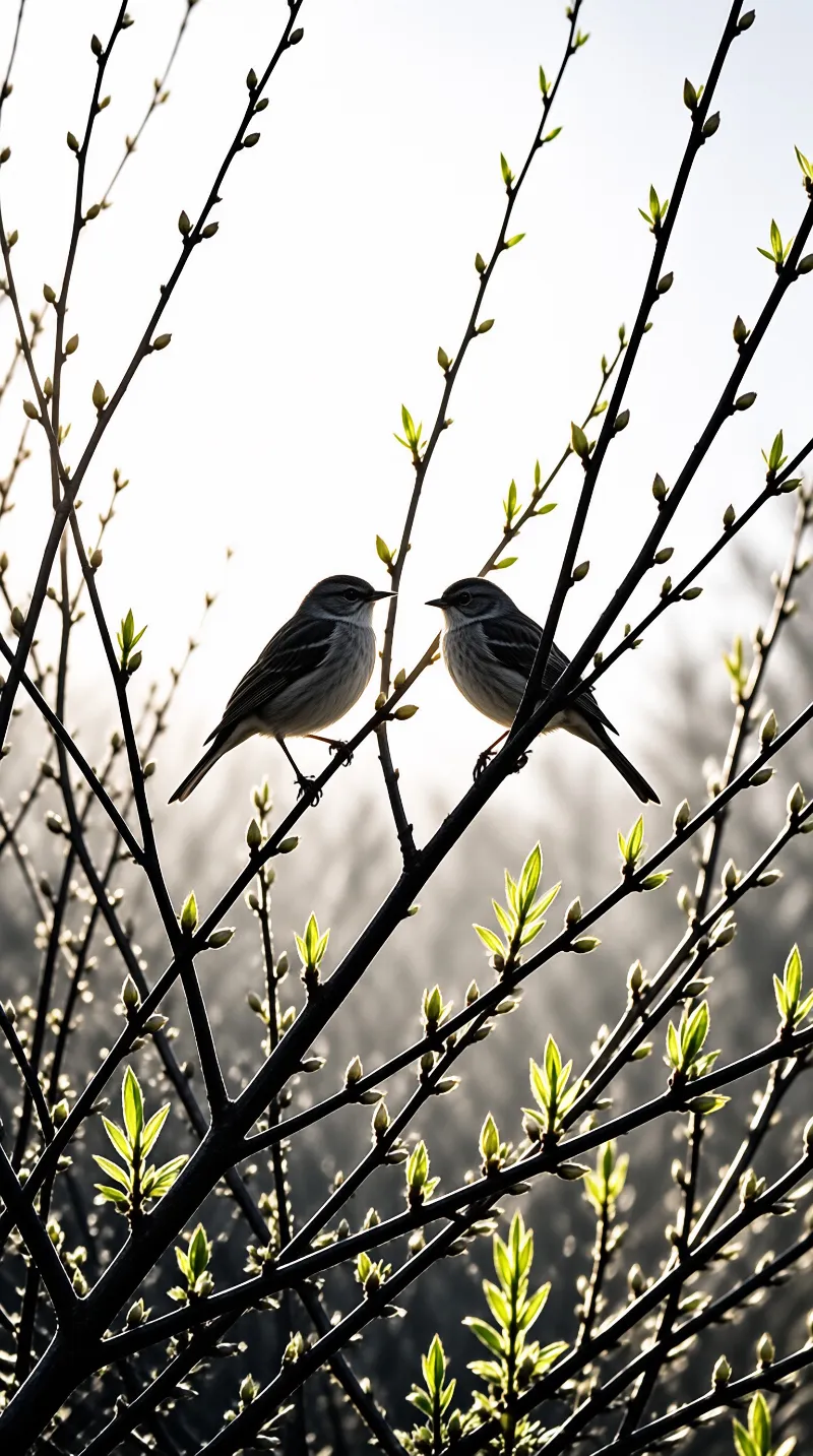 Two small birds facing each other on dark twigs sprouting bright green leaves against a bright background.