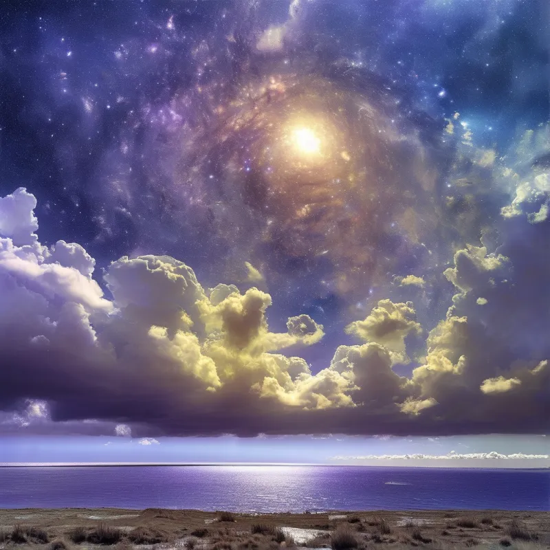 Glowing galactic center shines through purple clouds above a calm violet sea and brown marshland.