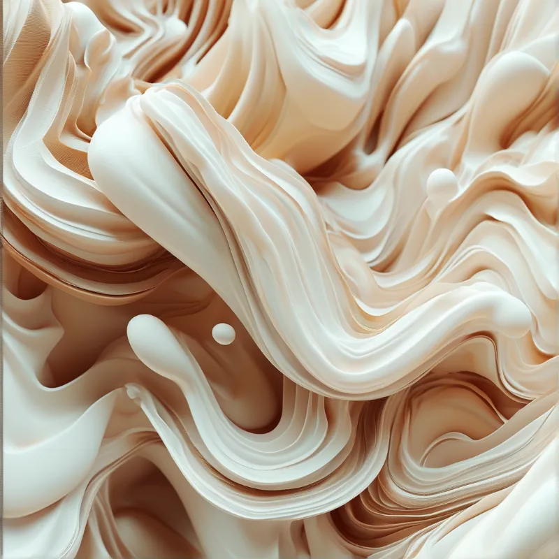Pale beige fluid forms rolling layered curving waves, soft light highlights the rounded ridges of the flowing smooth mass.